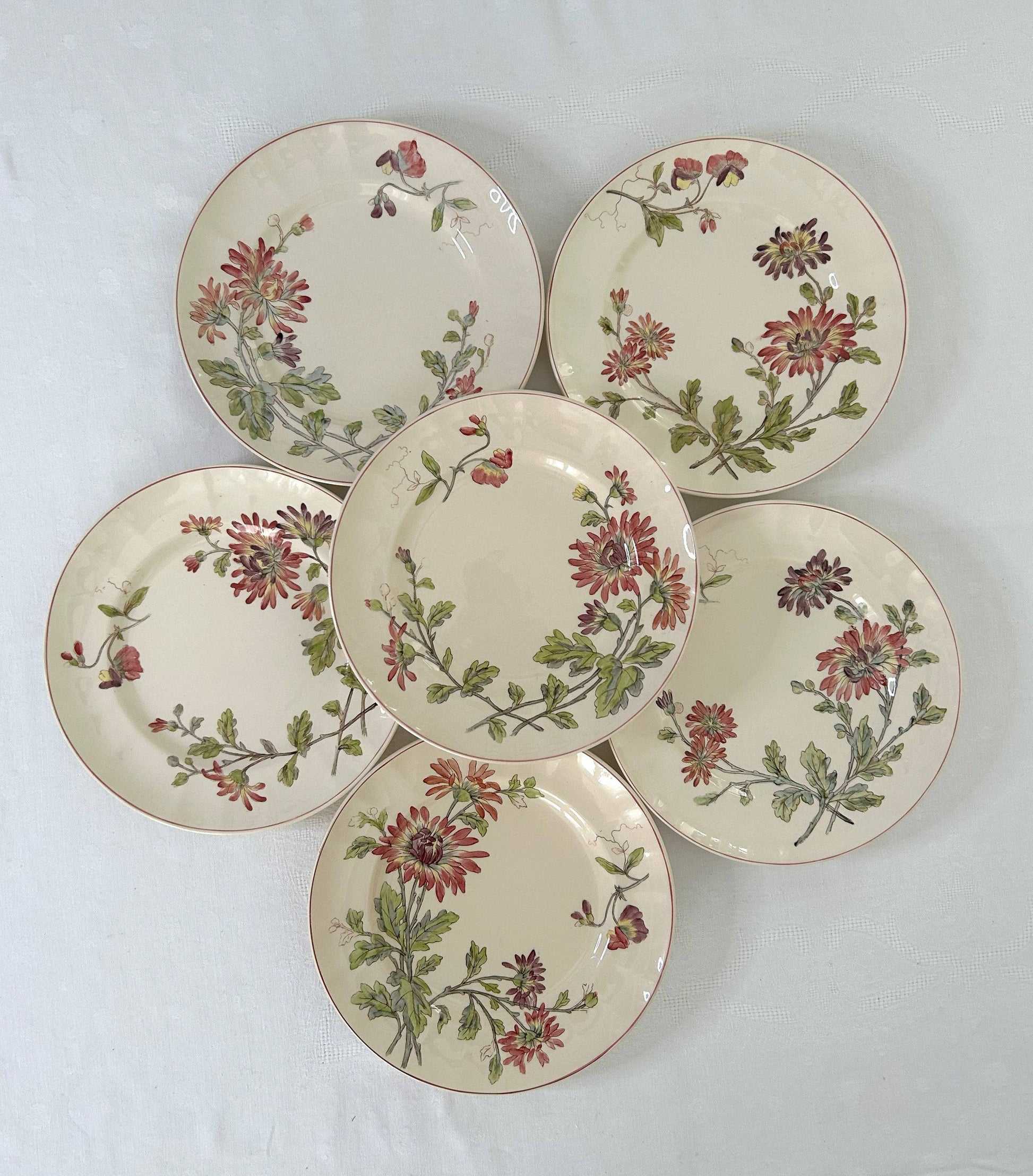 Ensemble de 6 assiettes plates - Chrysanthèmes - Longchamp - La Brocanterie d'Estelle